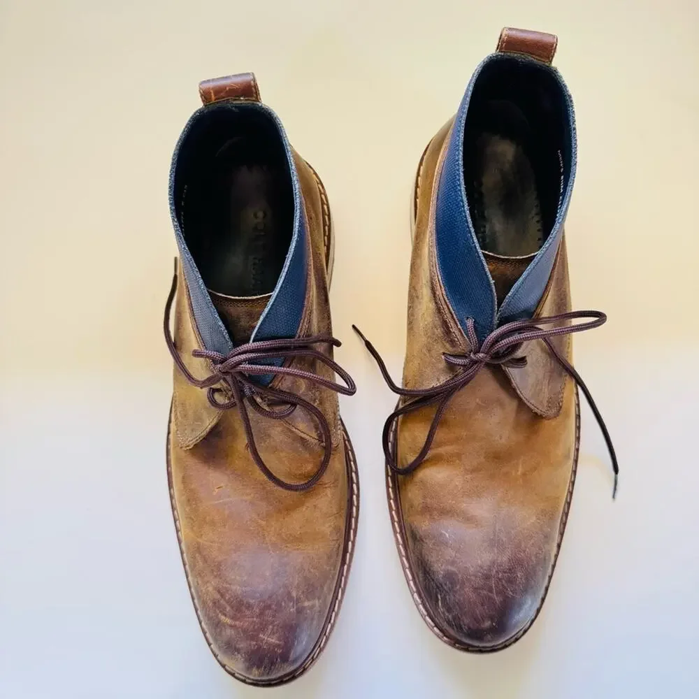 MENS COLE HAAN Cognac Brown Leather Chukka Blue Ankle Boots Lace Up Shoes 8.5